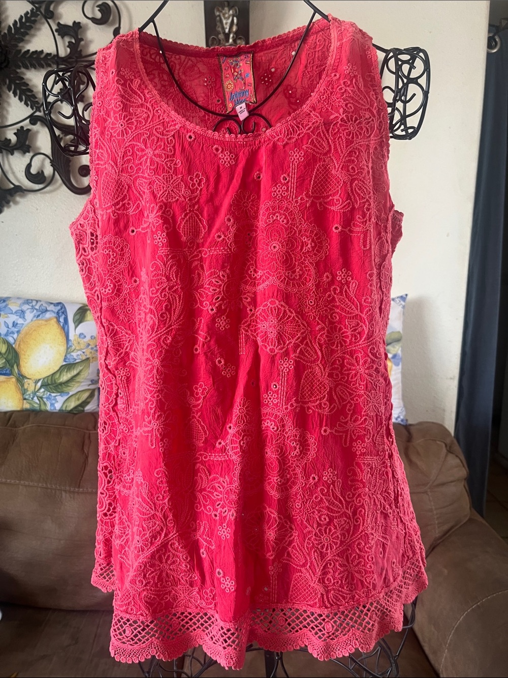 Johnny Was Coral Lace Embroidered Sleeveless Tank